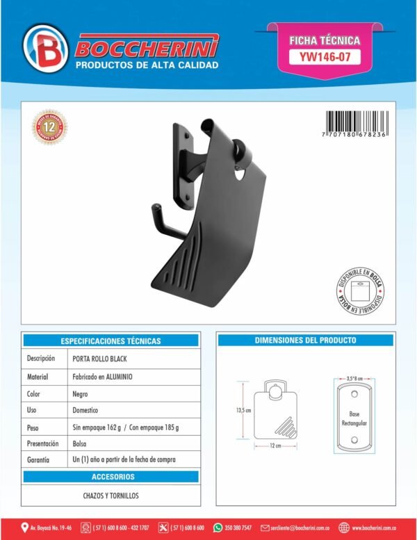 YW146-07-ft Porta Rollo Base Rectangular en Aluminio Color Negro