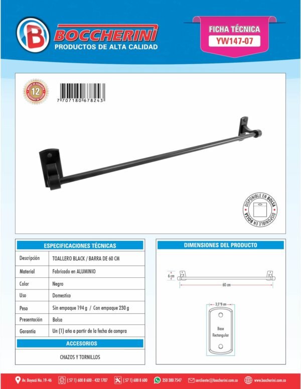 Toallero Barra de 60cm Base Rectangular en Alumino Color Negro