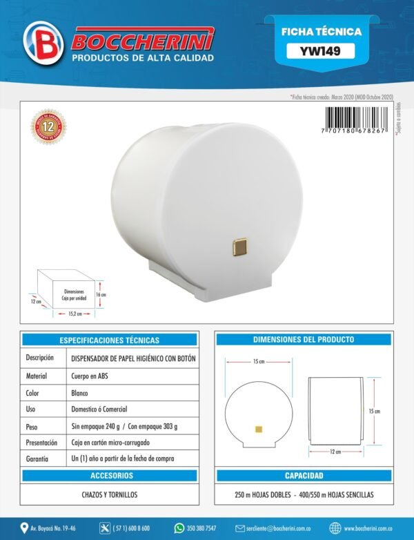 YW149-ft Dispensador de Papel Higienico en ABS con Boton