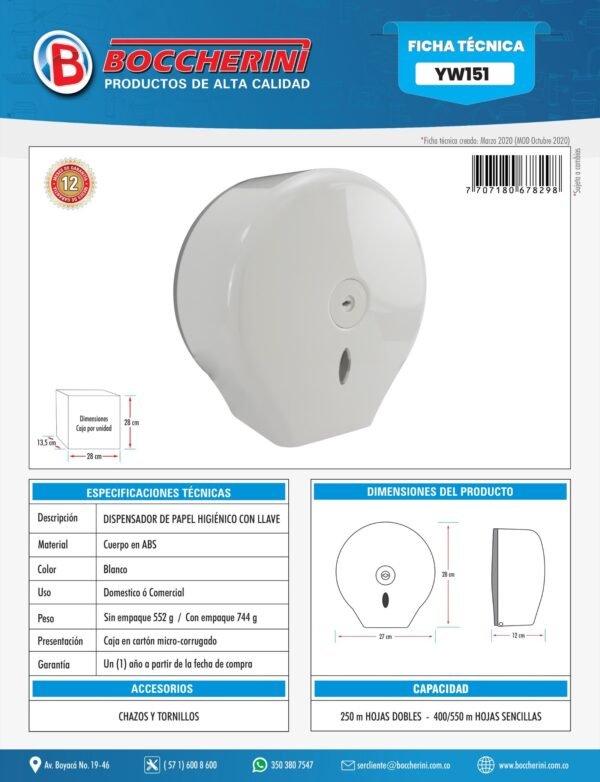 YW151-ft-1.jpg Dispensador de Papel Higienico en ABS con Llave