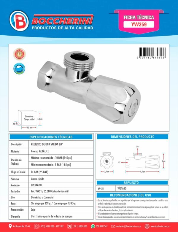 Registro de una Salida 3/4 Cromado Pomo