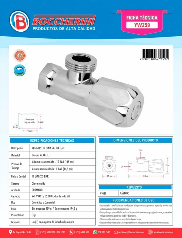 Registro de una Salida 3/4 Cromado Pomo