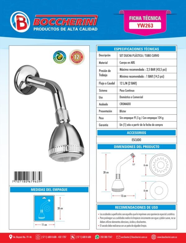 YW263-ft SET DUCHA PLASTICA TUBO CURVO 6CM