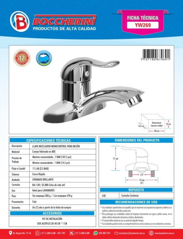 YW269-1.jpg Mezclador Monocontrol Lavamanos 4 Cuerpo en ABS Manija Tipo Palanca