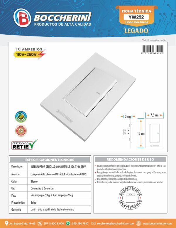 YW292-ft INTERRUPTOR SENCILLO CONMUTABLE 10A 110V-250V COLOR BLANCO