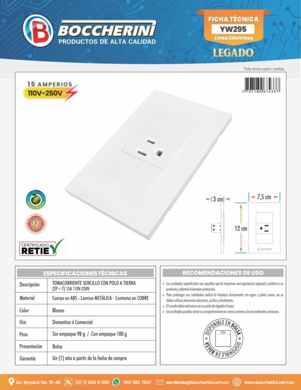 TOMACORRIENTE SENCILLO CON POLO A TIERRA (2P+T) 15A 110V-250V  COLOR BLANCO