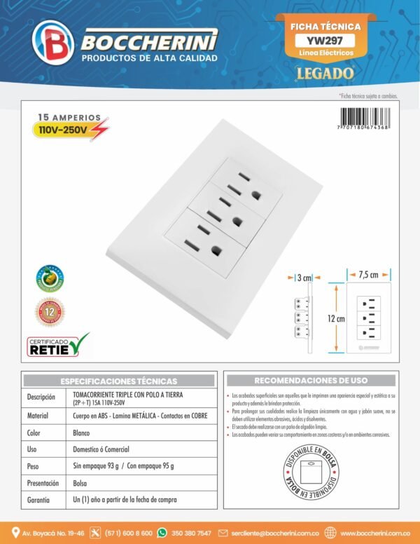 TOMACORRIENTE TRIPLE CON POLO A TIERRA (2P+T) 15A 110V-250V  COLOR BLANCO
