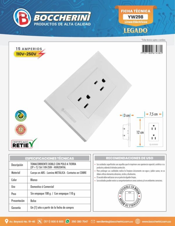 TOMACORRIENTE DOBLE CON POLO A TIERRA (2P+T) 15A 110V-250V  COLOR BLANCO HORIZONTAL