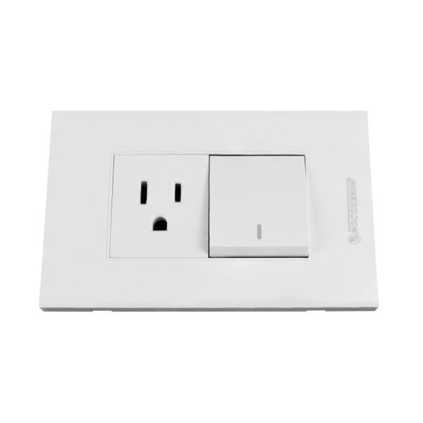 YW299_3 TOMACORRIENTE SENCILLO CON POLO A TIERRA (2P+T) + INTERRUPTOR SENCILLO CONMUTABLE 10A 110V-250V - 15A 110V-250V COLOR BLANCO