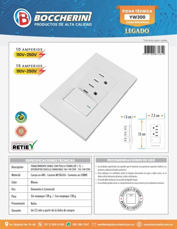 YW300-ft TOMACORRIENTE DOBLE CON POLO A TIERRA (2P+T) + INTERRUPTOR SENCILLO CONMUTABLE 10A 110V-250V - 15A 110V-250V COLOR BLANCO