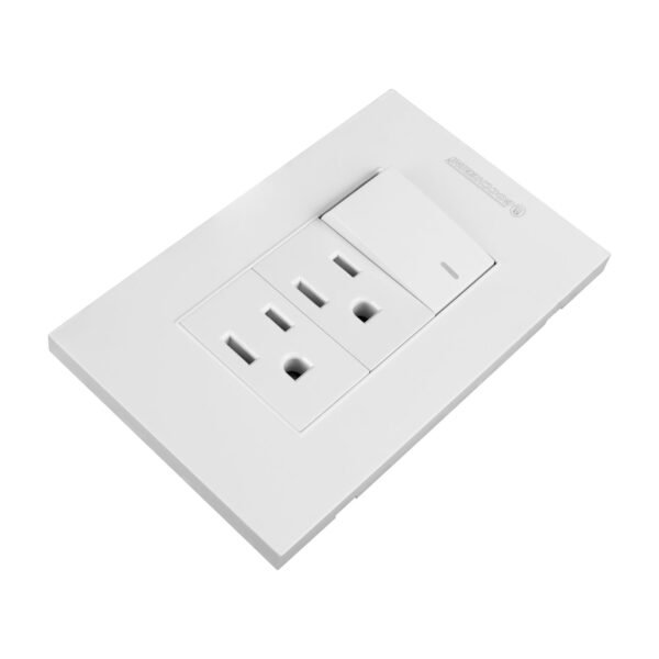 YW300_3 TOMACORRIENTE DOBLE CON POLO A TIERRA (2P+T) + INTERRUPTOR SENCILLO CONMUTABLE 10A 110V-250V - 15A 110V-250V COLOR BLANCO