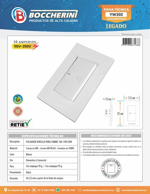 PULSADOR SENCILLO PARA TIMBRE 10A 110V-250V  COLOR BLANCO