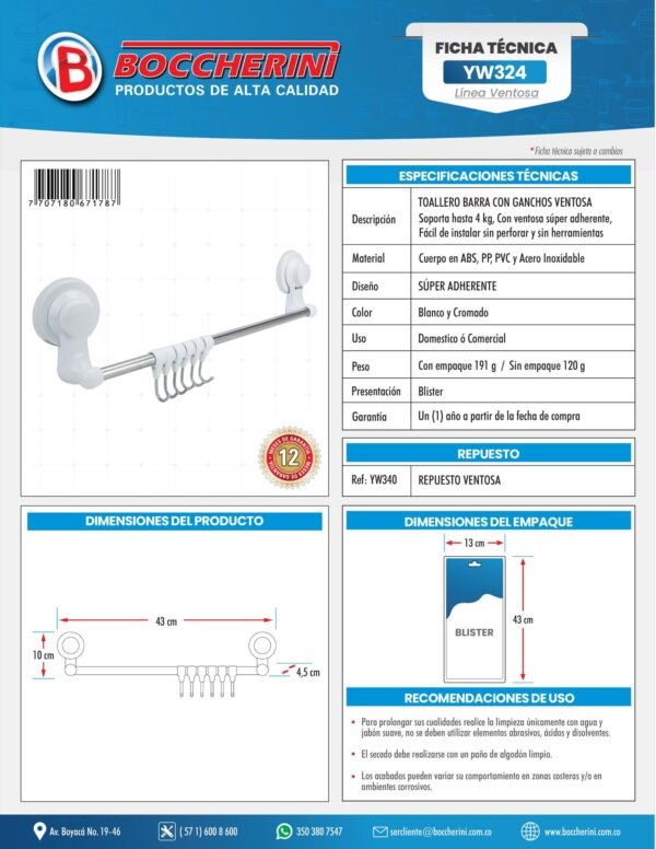 Toallero Barra con Ganchos Ventosa