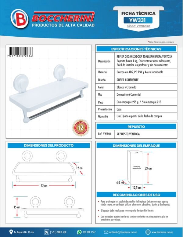 Repisa Organizadora-toallero de Barra Ventosa