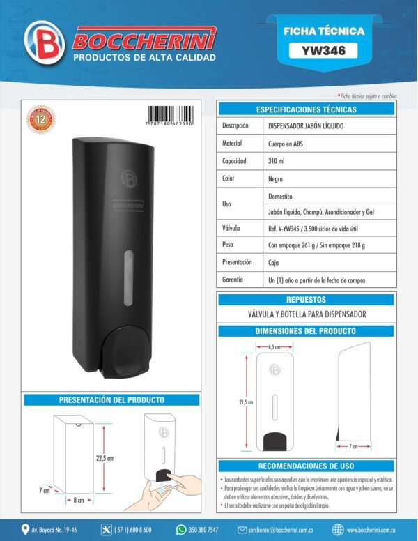 Dispensador Jabon Liquido Negro Capacidad 310ml