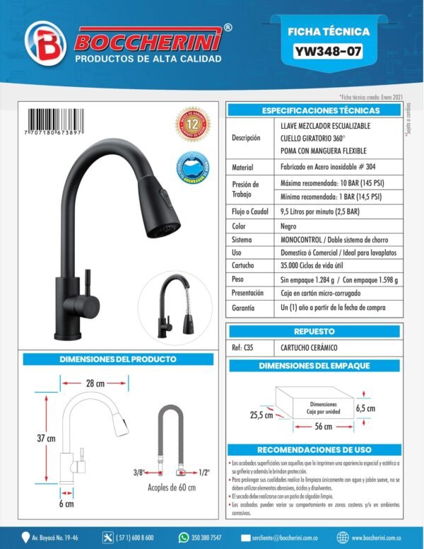 MEZCLADOR LAVAPLATOS EXTRAIBLE EN ACERO INOXIDABLE # 304 COLOR NEGRO