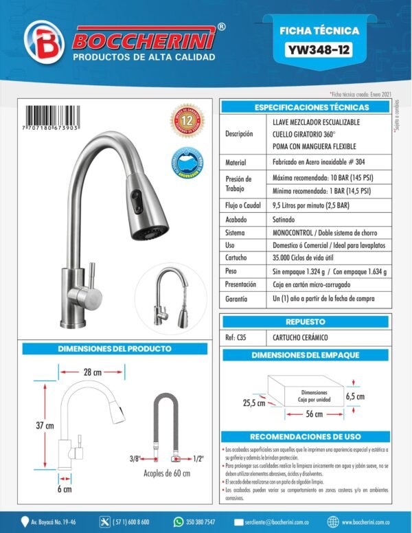 YW348-12-ft MEZCLADOR LAVAPLATOS EXTRAIBLE EN ACERO INOXIDABLE # 304 SATINADO