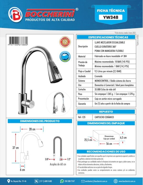 YW348-ft Mezclador Lavaplatos Extraible en Acero Inoxidable # 304 Cromado