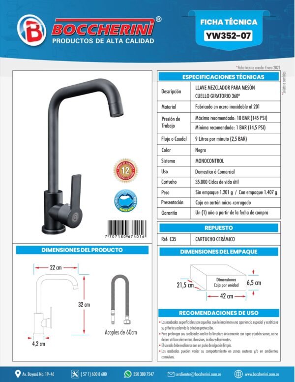 YW352-07-ft MEZCLADOR MONOCONTROL LAVAPLATOS EN ACERO INOXIDABLE # 201 COLOR NEGRO