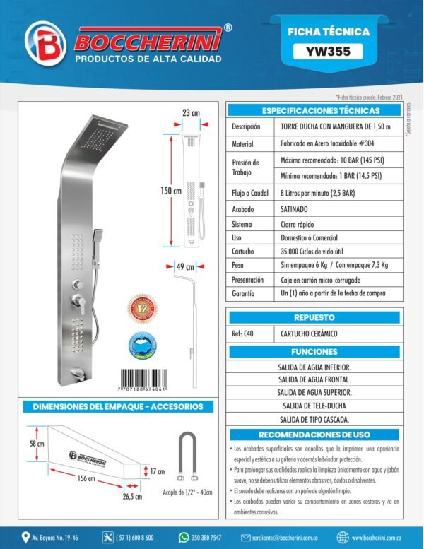 Torre Ducha en Acero Inox #304 Cromada con Manguera de 1.50mts 5 Funciones
