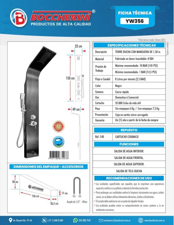 Torre Ducha en Acero Inox #304 Negra con Manguera de 1.50mts 4 Funciones