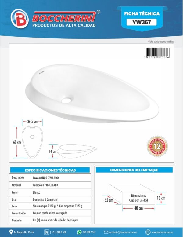 YW367-ft Lavamanos Ovalado Blanco 61cmx36cmx14cm