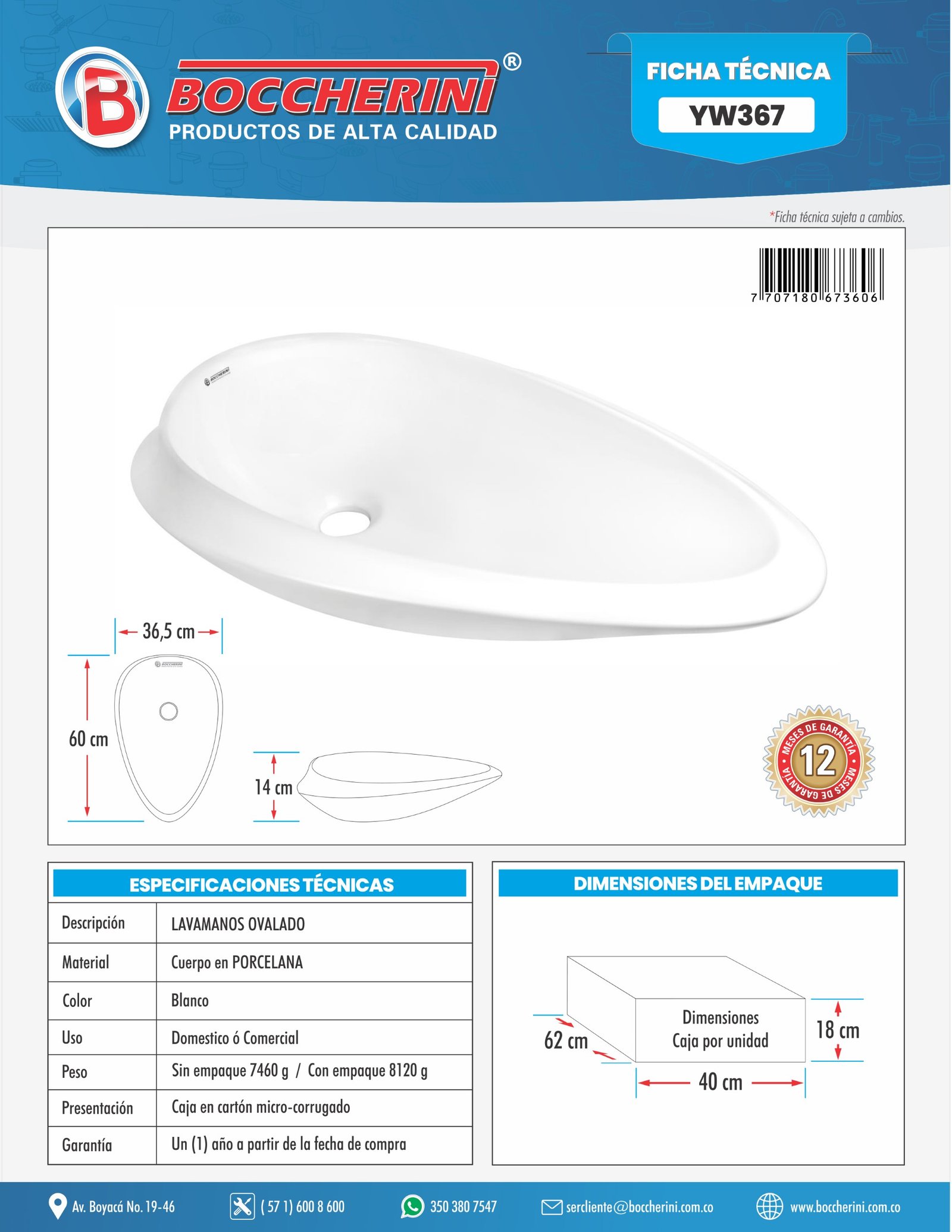 Lavamanos Ovalado Blanco 61cmx36cmx14cm