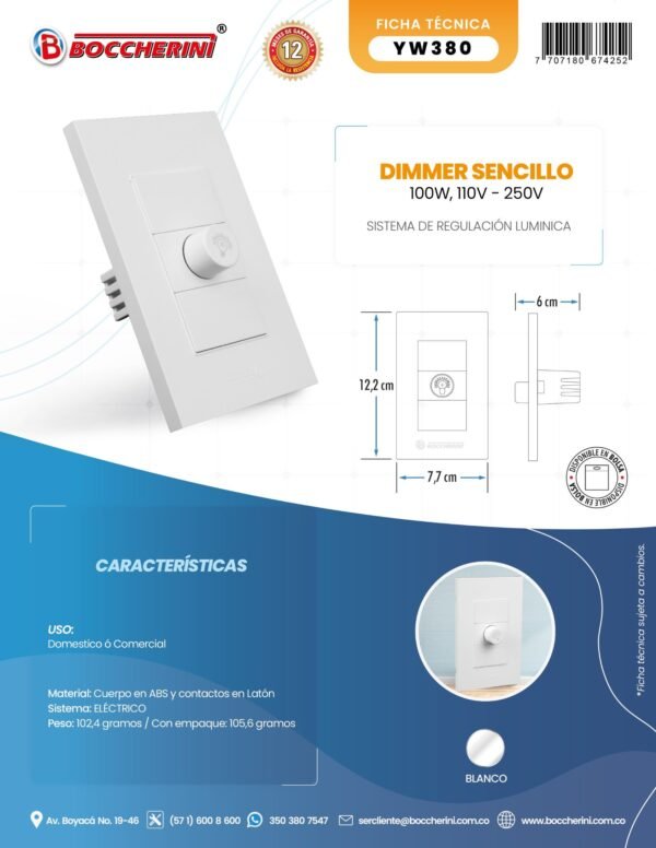 DIMMER SENCILLO 100W  110-250V COLOR BLANCO