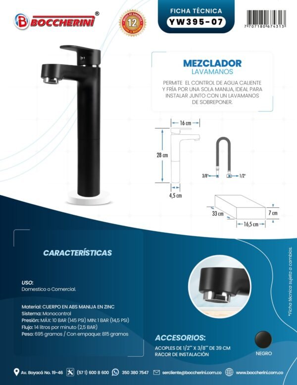 Mezclador Lavamanos Alto Cuerpo Plástico Manija en Zinc Cartucho Ceramico 35mm Color Negro