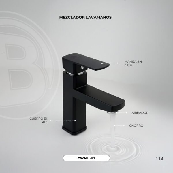Mezclador Lavamanos Bajo Cuerpo Plástico Manija en Zinc Cartucho Ceramico 35mm Color Negro 18.5 CM