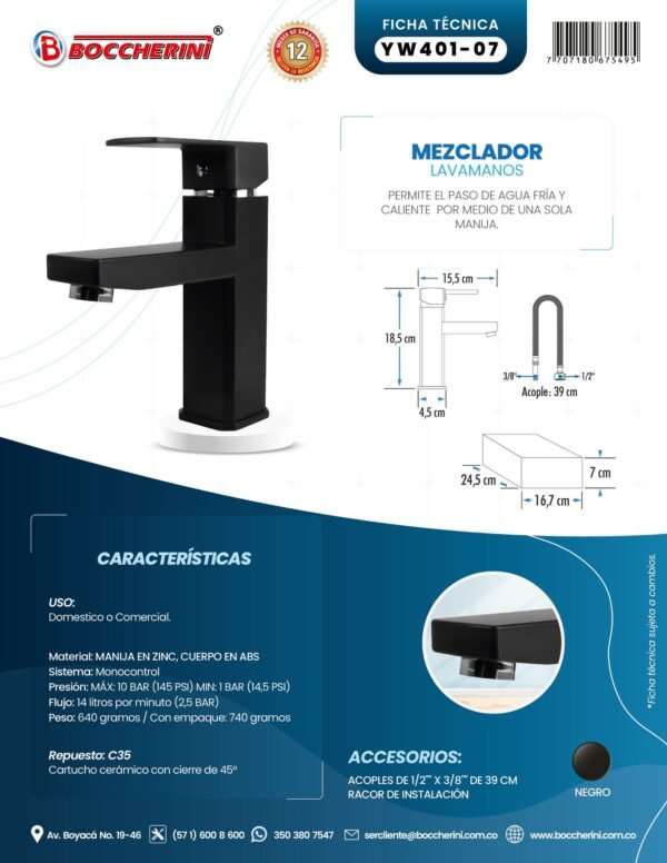 Mezclador Lavamanos Bajo Cuerpo Plástico Manija en Zinc Cartucho Ceramico 35mm Color Negro 18.5 CM