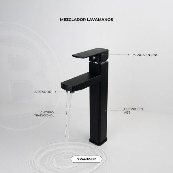 YW402-07-1.jpg Mezclador Lavamanos Alto Cuerpo Plástico Manija en Zinc Cartucho Ceramico 35mm Color Negro 31 CM