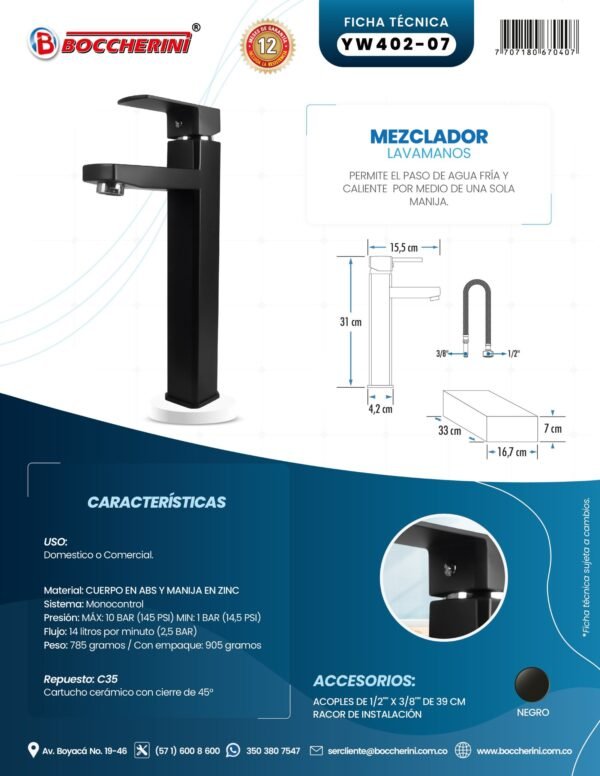 YW402-07-ft Mezclador Lavamanos Alto Cuerpo Plástico Manija en Zinc Cartucho Ceramico 35mm Color Negro 31 CM