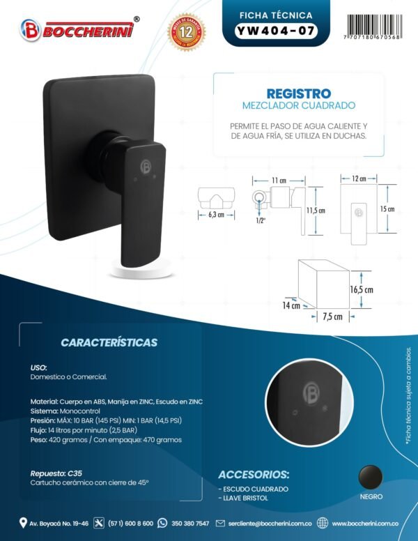 Registro Mezclador de Ducha Cuadrado Cuerpo en ABS Manija en Zinc Cartucho Ceramico 35mm Color Negro