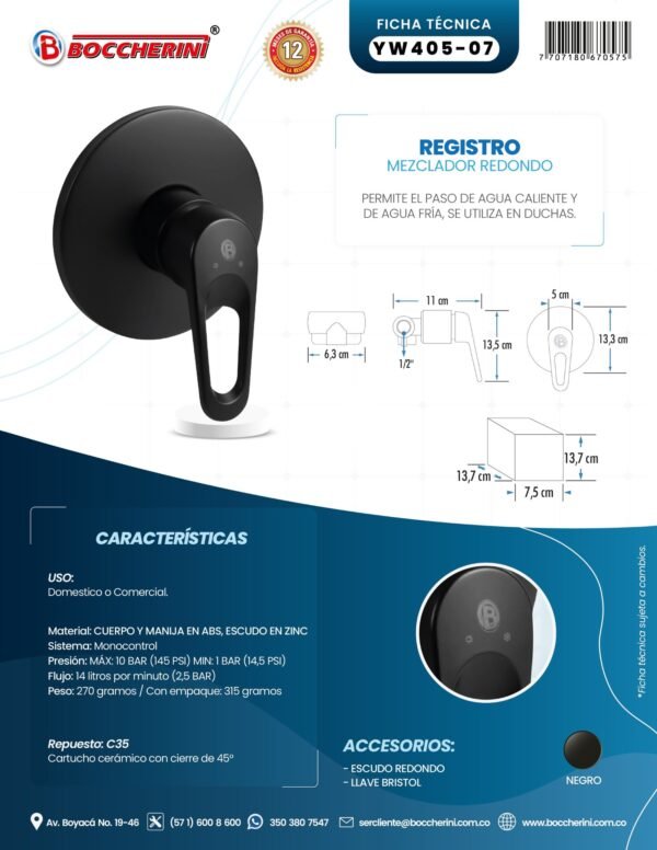 Registro Mezclador de Ducha Redondo Cuerpo y Manija en ABS Cartucho Ceramico 35mm Color Negro
