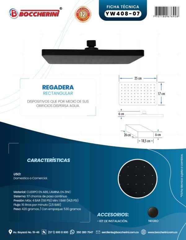 Regadera Rectangular Plastica Negra 25cmx17cm