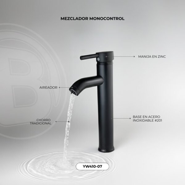 Mezclador Lavamanos Alto Cuerpo Acero Inox # 201 Manija en Zinc Cartucho Ceramico 40mm Color Negro