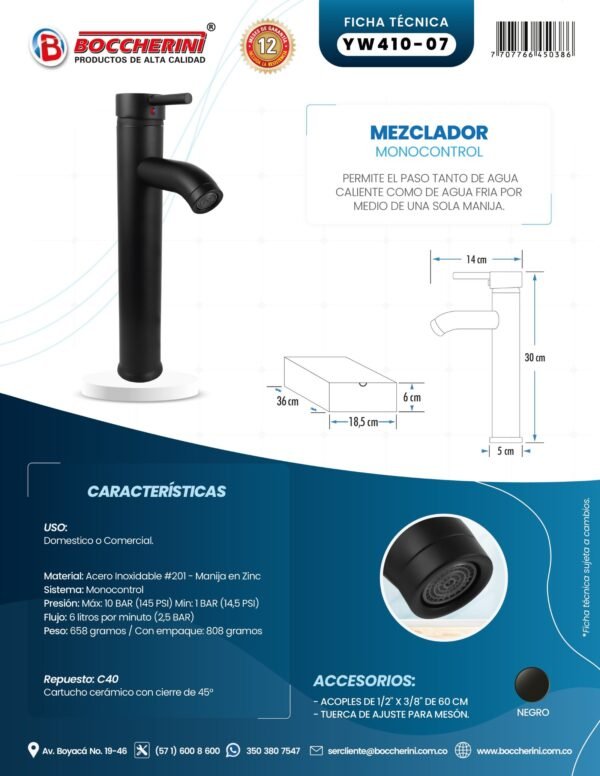 Mezclador Lavamanos Alto Cuerpo Acero Inox # 201 Manija en Zinc Cartucho Ceramico 40mm Color Negro
