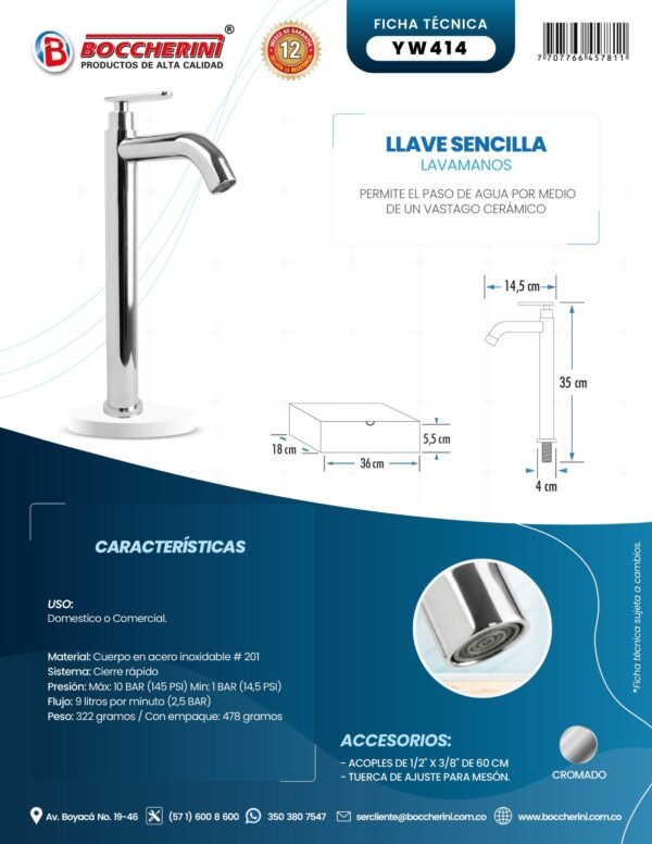 Llave Sencilla Lavamanos Alta Cuerpo Acero Inox # 201 Manija en Zinc Cromada