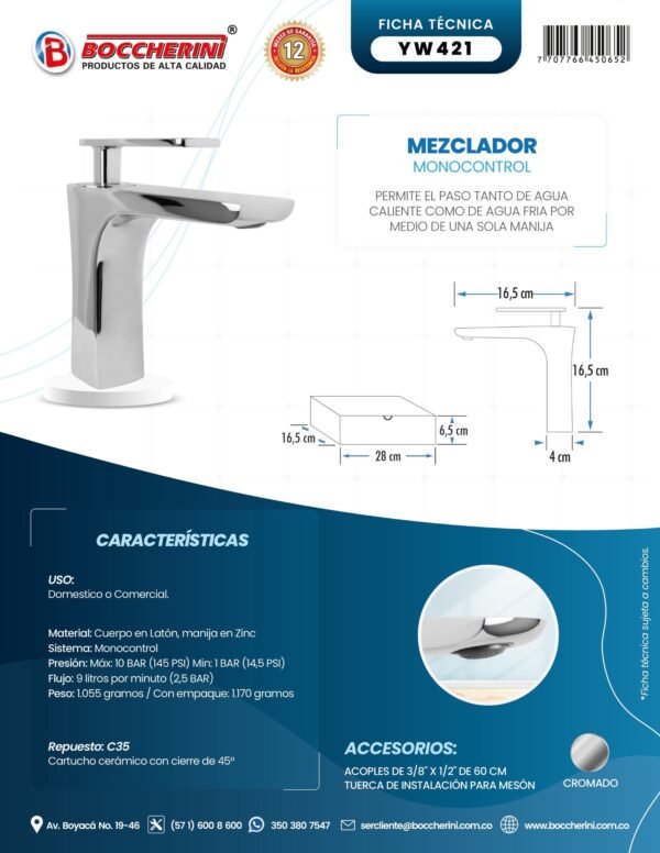 MEZCLADOR LAVAMANOS BAJO CUERPO EN LATON MANIJA EN ZINC CARTUCHO CERAMICO 35MM CROMADO