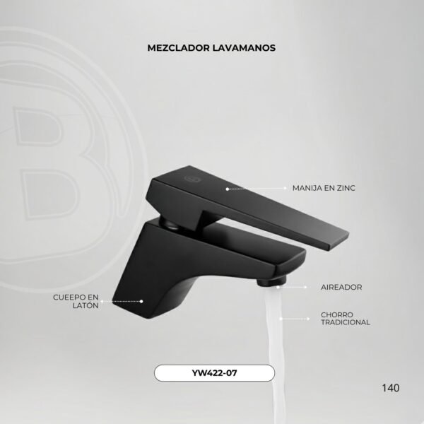 YW422-07-1.jpg Mezclador Lavamanos Bajo Cuerpo en Laton Manija en Zinc Cartucho Ceramico 35mm Color Negro