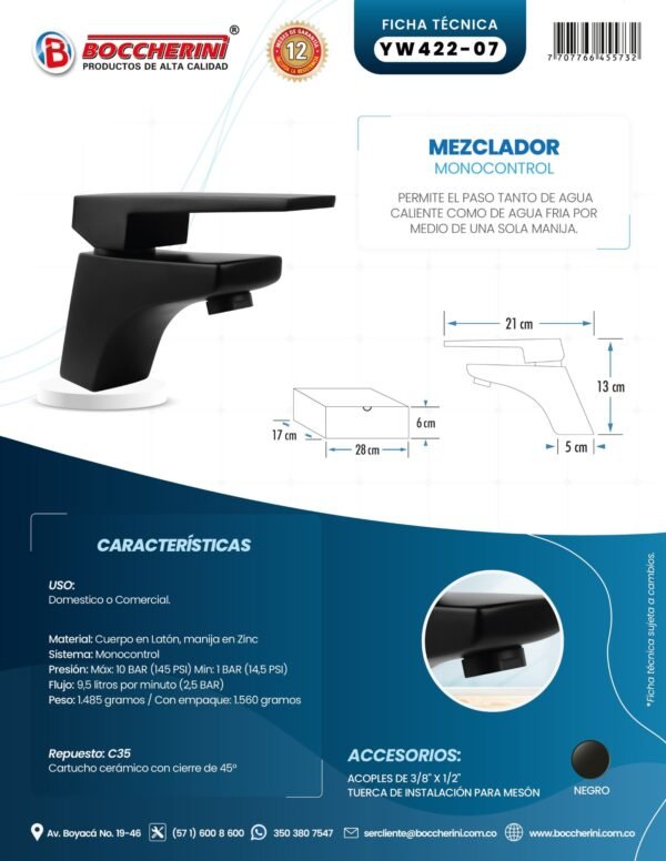 YW422-07-ft Mezclador Lavamanos Bajo Cuerpo en Laton Manija en Zinc Cartucho Ceramico 35mm Color Negro