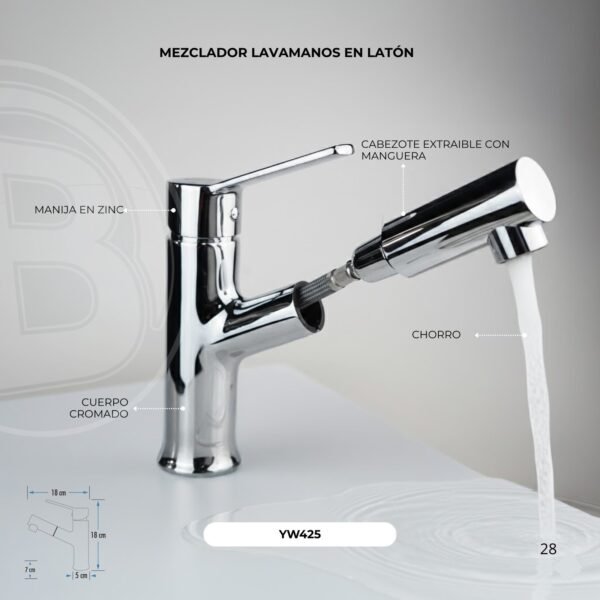 Mezclador Lavamanos Bajo Extraible Cuerpo en Laton Manija en Zinc Cartucho Ceramico 35mm Cromado