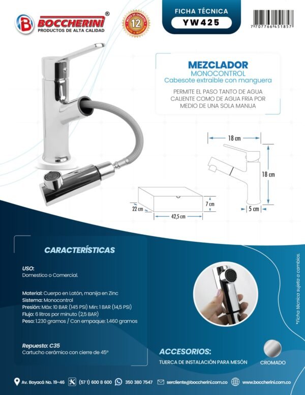 Mezclador Lavamanos Bajo Extraible Cuerpo en Laton Manija en Zinc Cartucho Ceramico 35mm Cromado