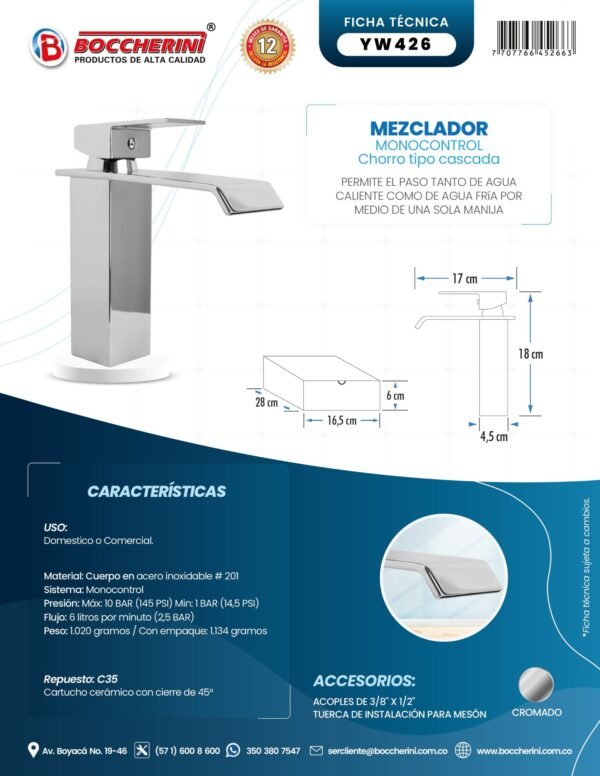 MEZCLADOR LAVAMANOS CUERPO ACERO INOX # 201 MANIJA EN ZINC CARTUCHO CERAMICO 35MM CROMADO