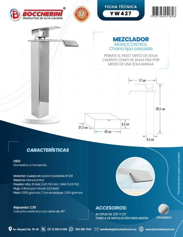 YW427-1.jpg Mezclador Lavamanos Alto Cuerpo Acero Inox # 201 Manija en Zinc Cartucho Ceramico 35mm Cromado