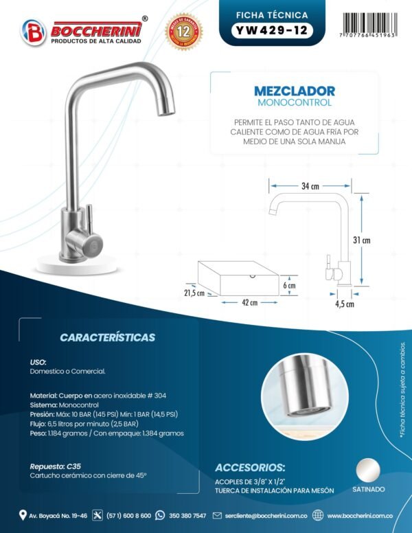 YW429-12-ft MEZCLADOR LAVAPLATOS CUERPO EN ACERO INOX # 304 MANIJA ACERO INOX # 201 CARTUCHO CERAMICO 35MM SATINADO
