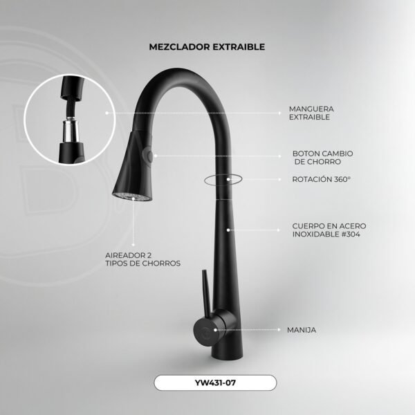 Mezclador Lavaplatos Extraible en Acero Inoxidable # 304 Incluye Mangueras Color Negro