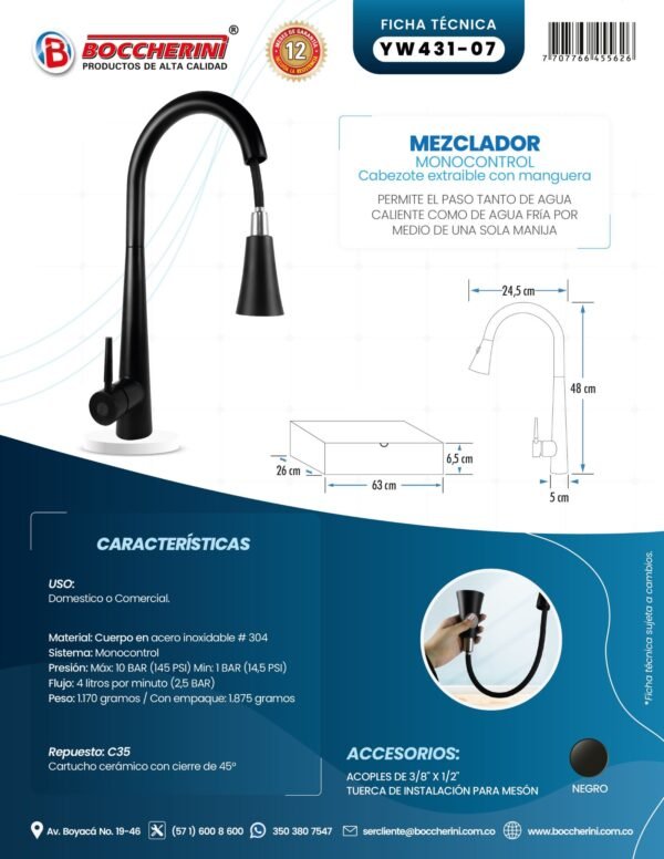 Mezclador Lavaplatos Extraible en Acero Inoxidable # 304 Incluye Mangueras Color Negro