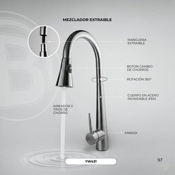 Mezclador Lavaplatos Extraible en Acero Inoxidable # 304 Incluye Mangueras Cromado